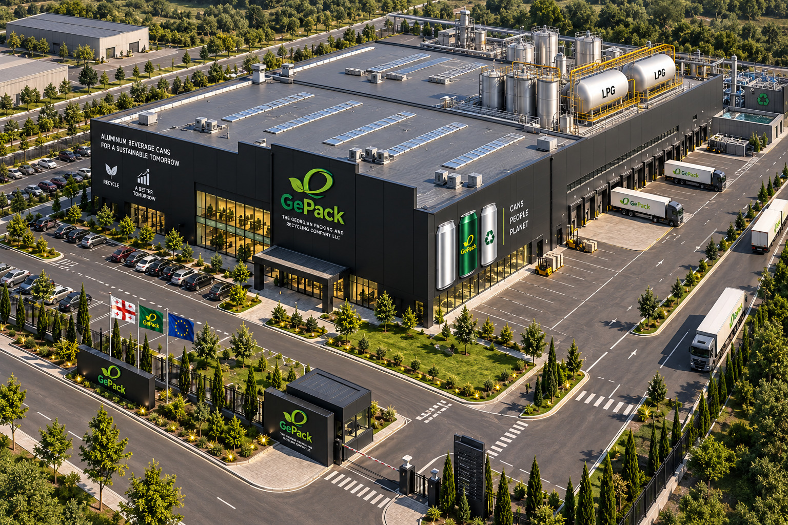 Aerial view of the planned GePack factory site with truck docks, parking and landscaping