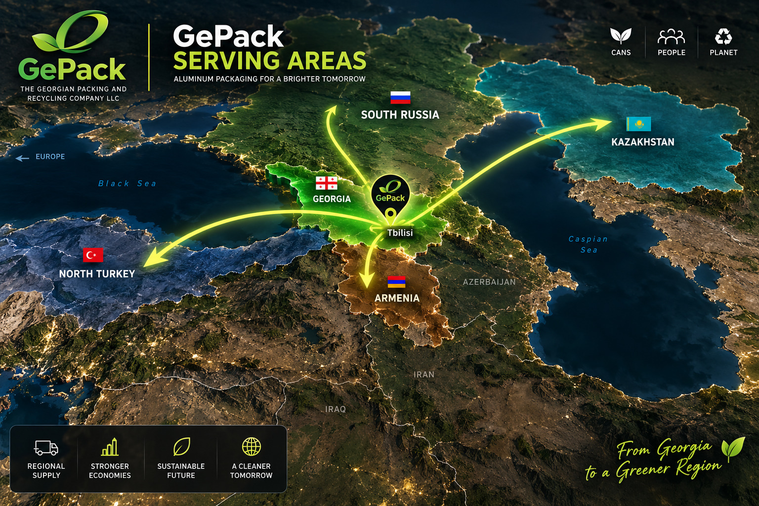 Map of GePack serving areas covering Georgia, Armenia, Azerbaijan, Turkey, Kazakhstan and South Russia
