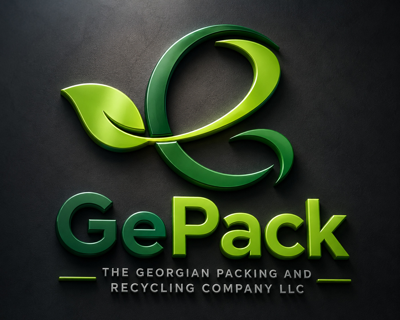 Dimensional GePack logo and wordmark on a dark textured wall