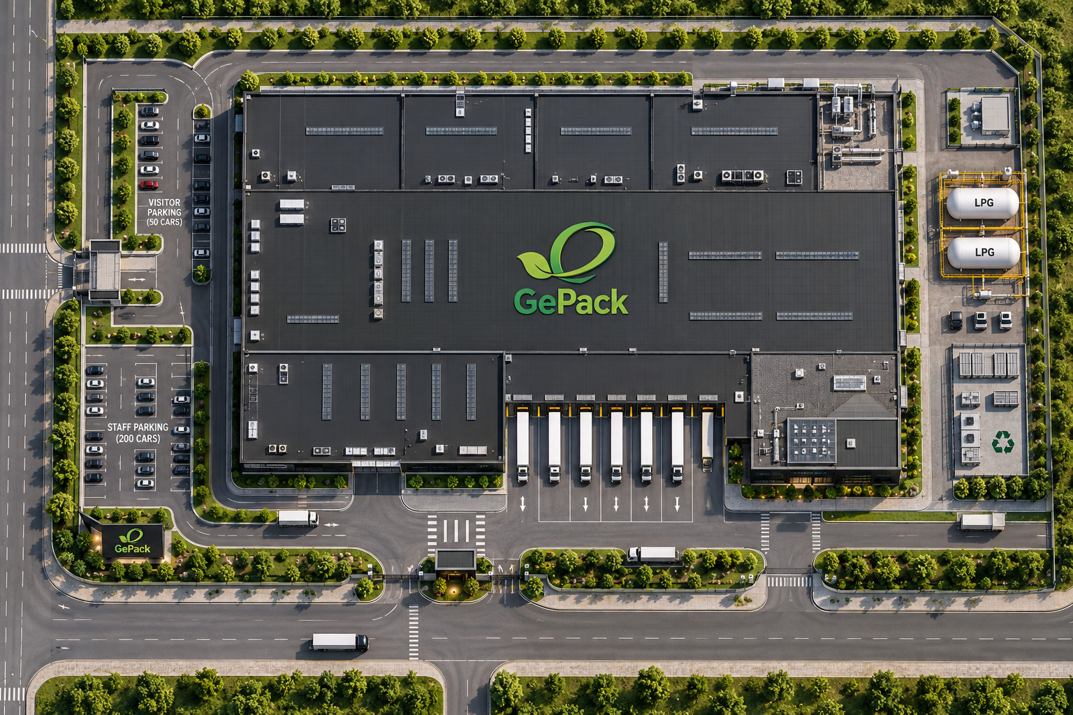 Top-down site plan view of the planned GePack facility with parking, docks and utilities